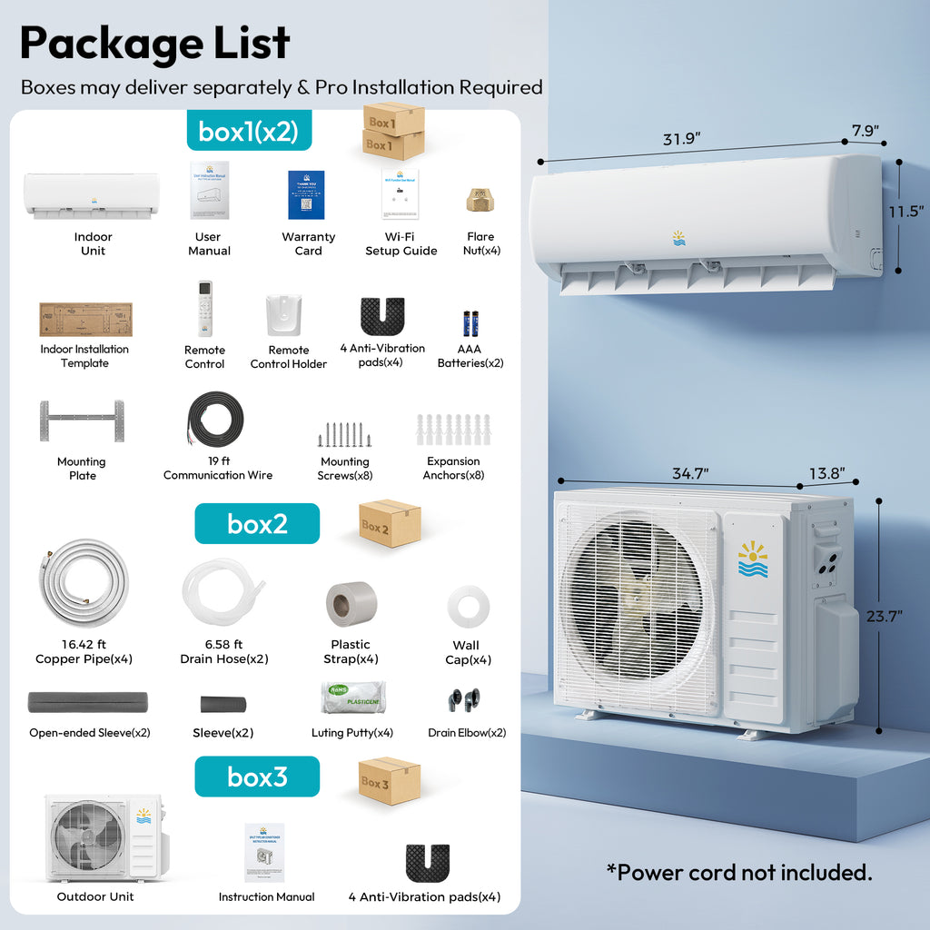 20000 BTU Dual Zone (12000+12000 BTU) Mini Split AC/Heating System, 23 SEER2, App Control