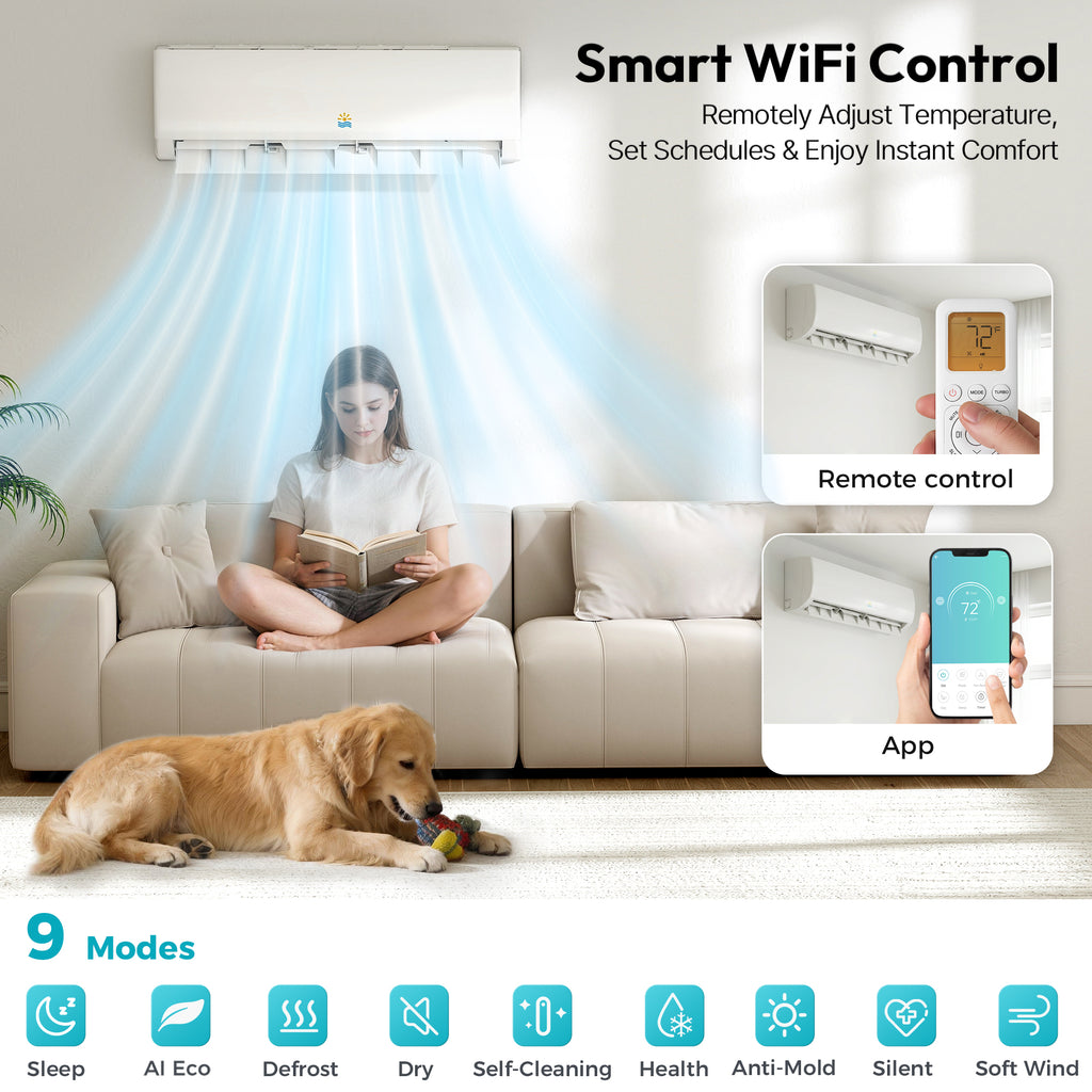 20000 BTU Dual Zone (9000+9000 BTU) Mini Split AC/Heating System, 23 SEER2, App Control