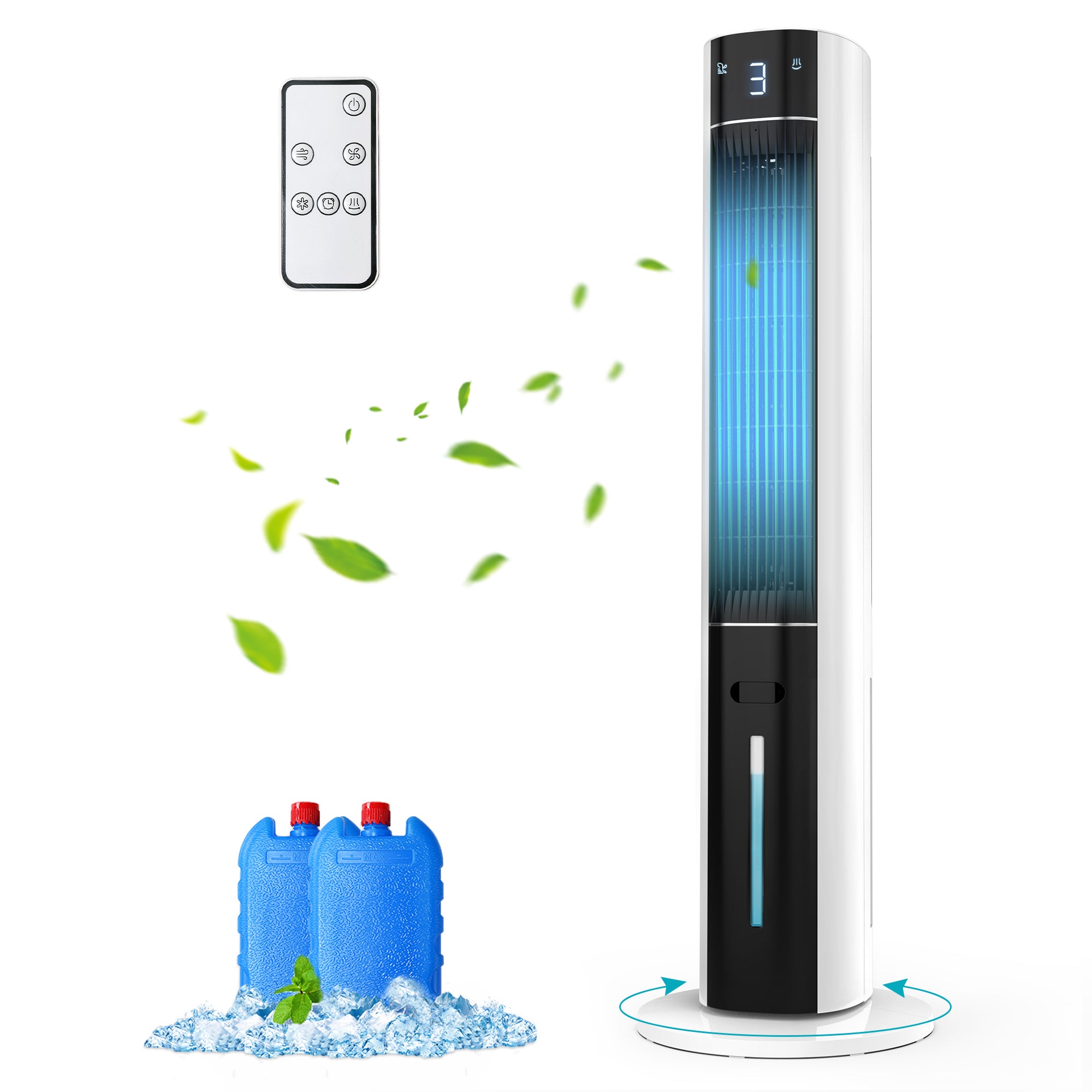 Tall white air cooler with blue light, remote control, and water bottles on a white background