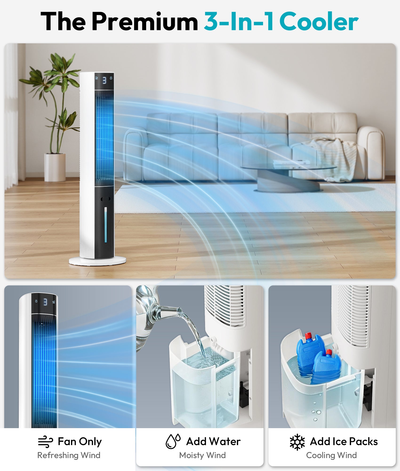 3-in-1 cooler with fan, water addition, and ice pack addition features in a modern room setting.