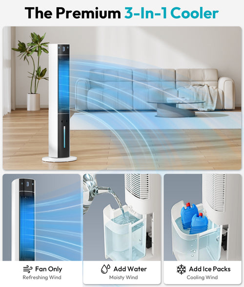3-in-1 cooler with fan, water addition, and ice pack addition features in a modern room setting.