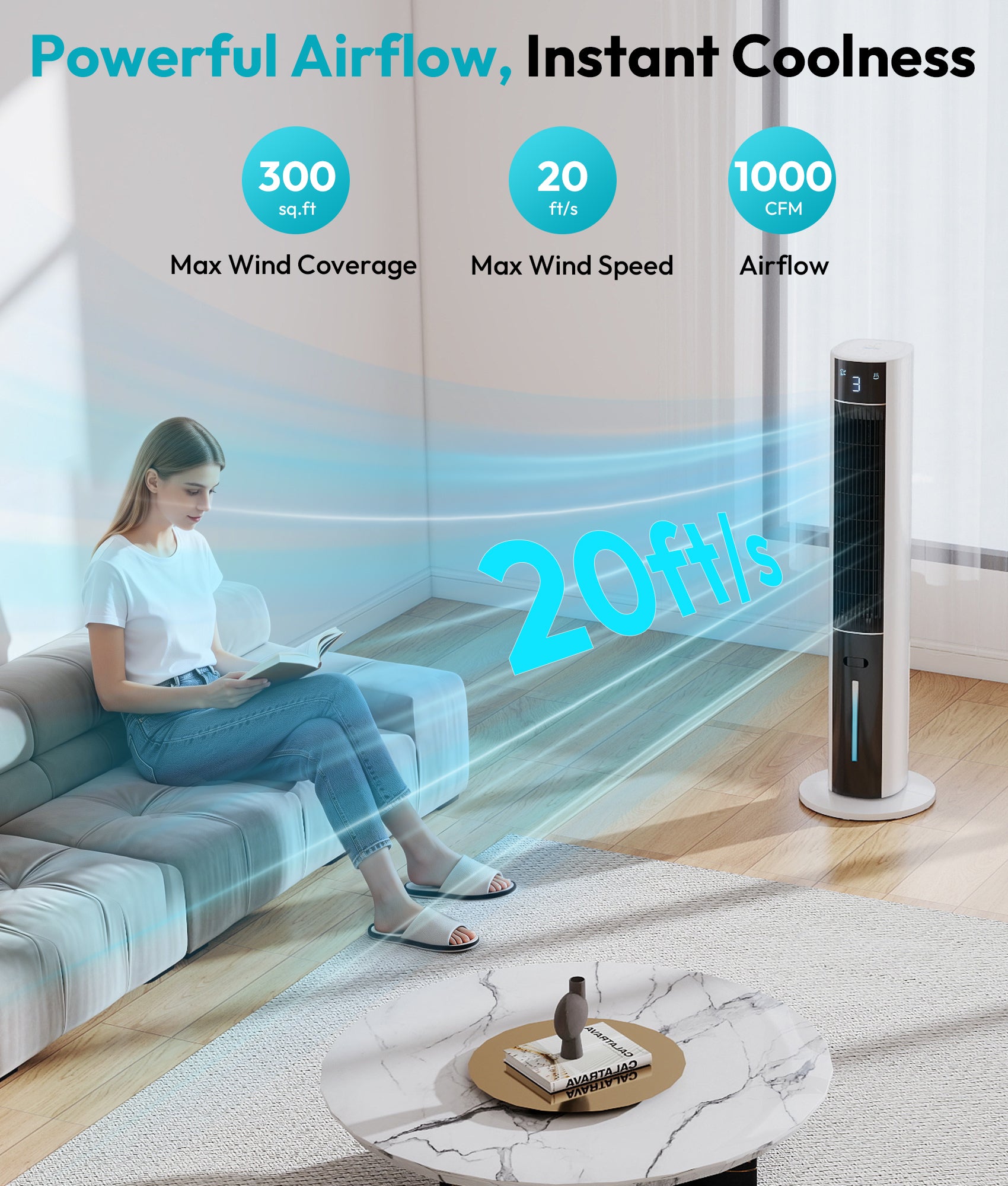 Air cooler with features highlighted in a living room setting
