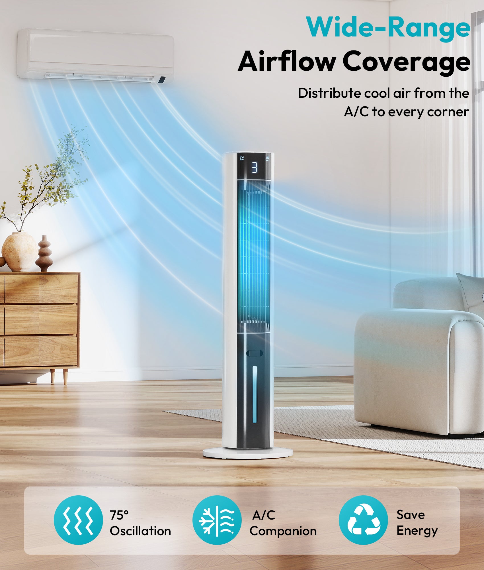 Tall tower fan with air distribution graphic in a room setting, emphasizing wide-range airflow coverage.