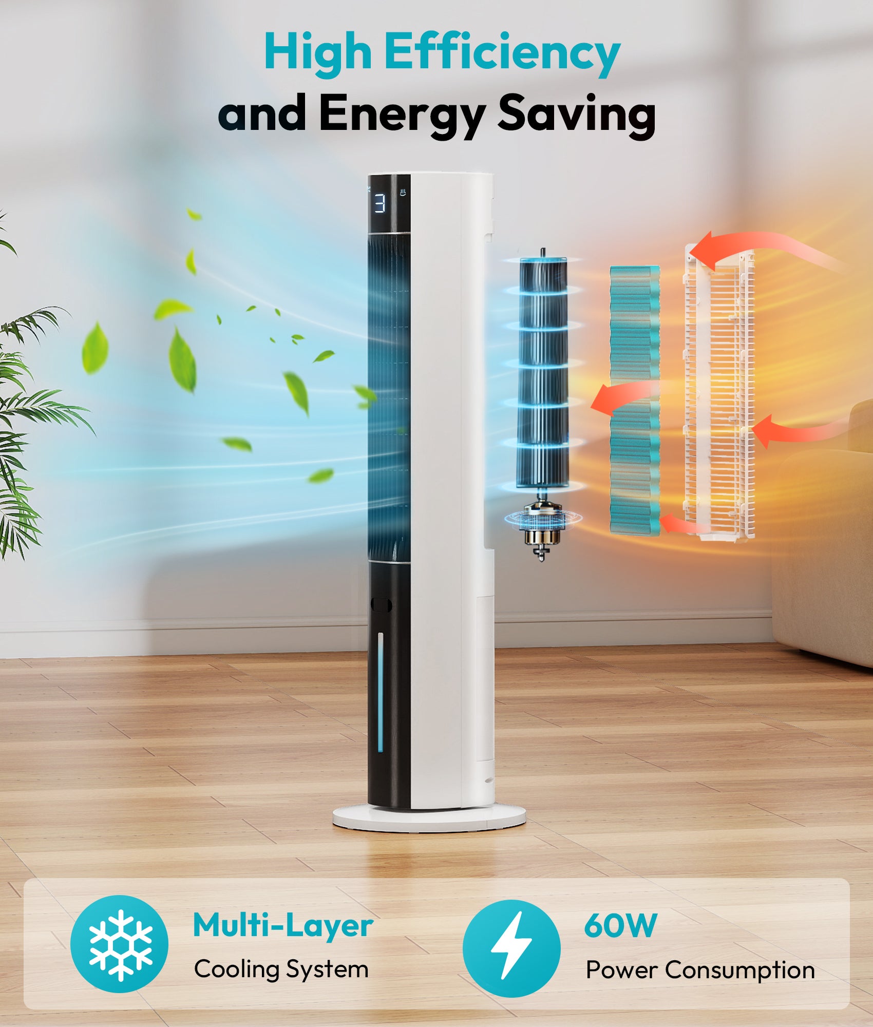 Tall white tower fan with cooling and heating graphics on a wooden floor.