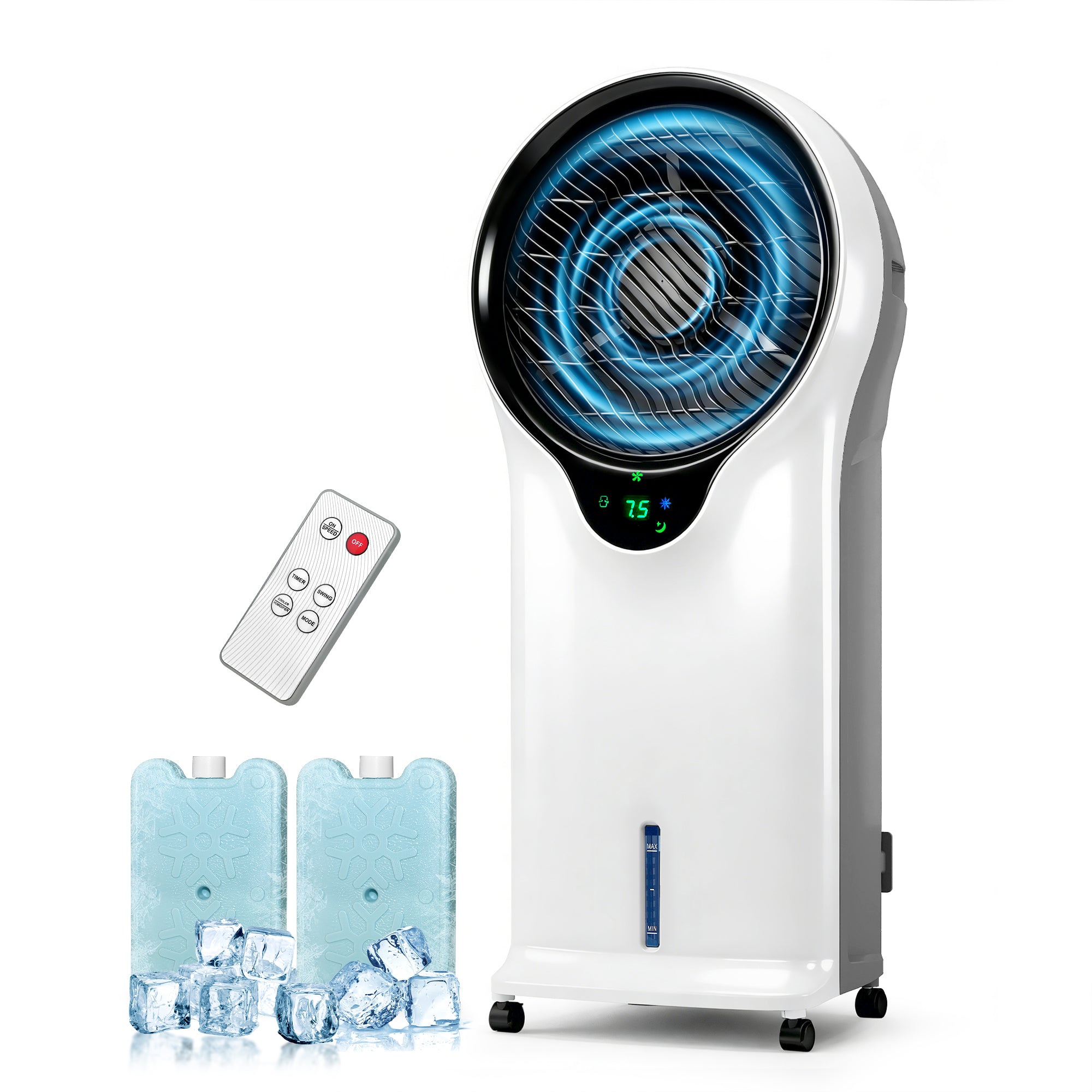 Portable air conditioner with remote control and ice cubes on a white background