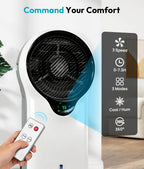 Portable air conditioner with remote control and digital display in a room setting.