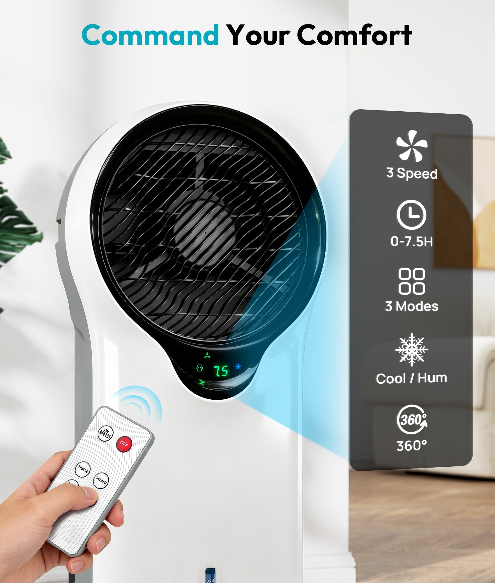 Portable air conditioner with remote control and digital display in a room setting.