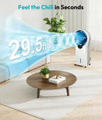 Air cooler in a living room with text indicating air flow distance