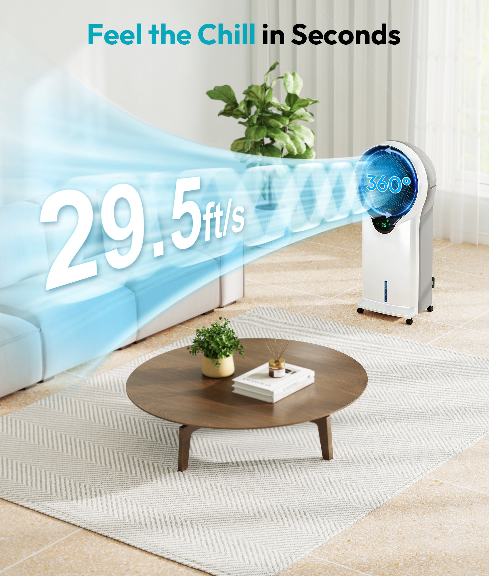 Air cooler in a living room with text indicating air flow distance