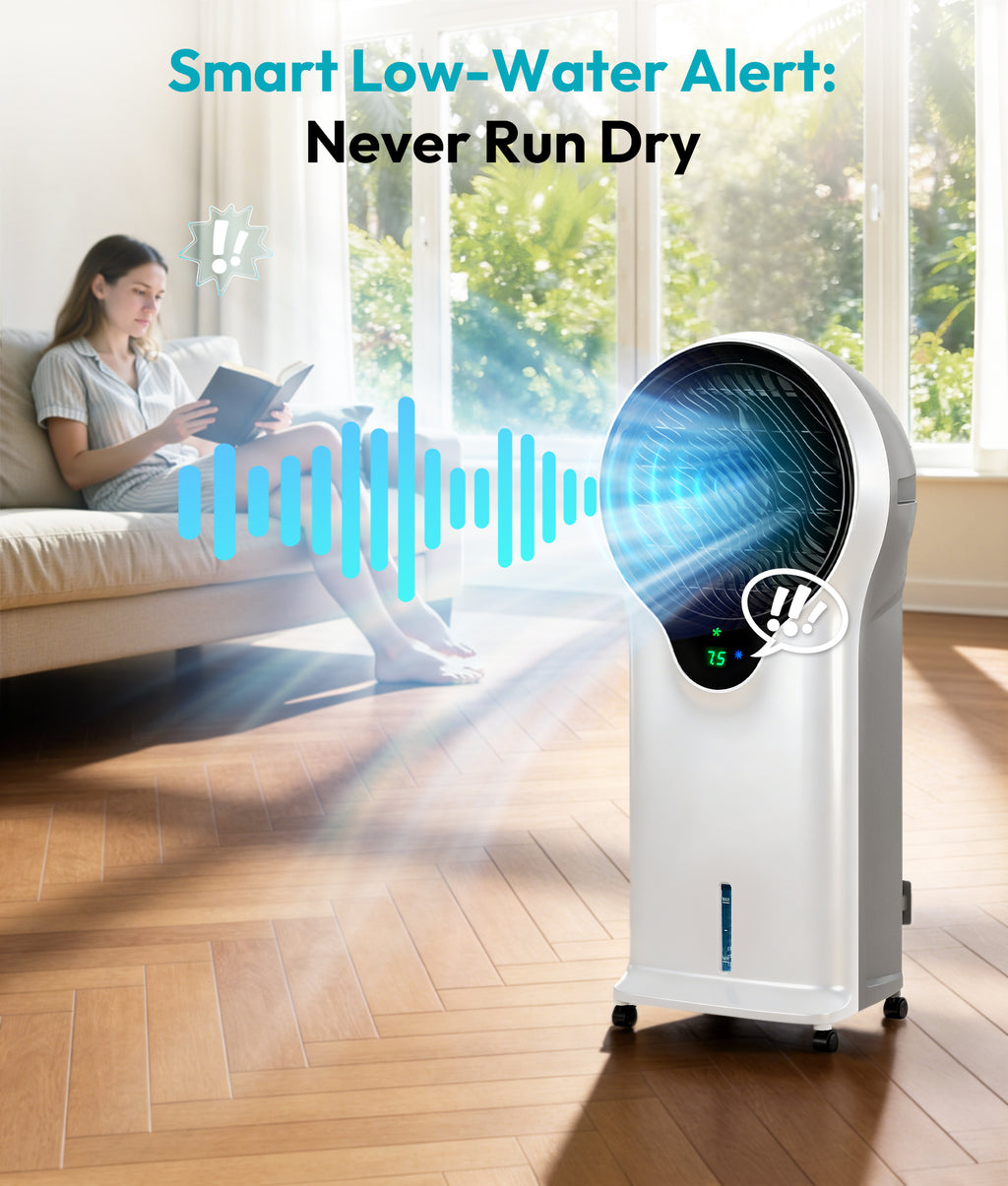 Portable air conditioner with smart low-water alert feature in a living room setting.
