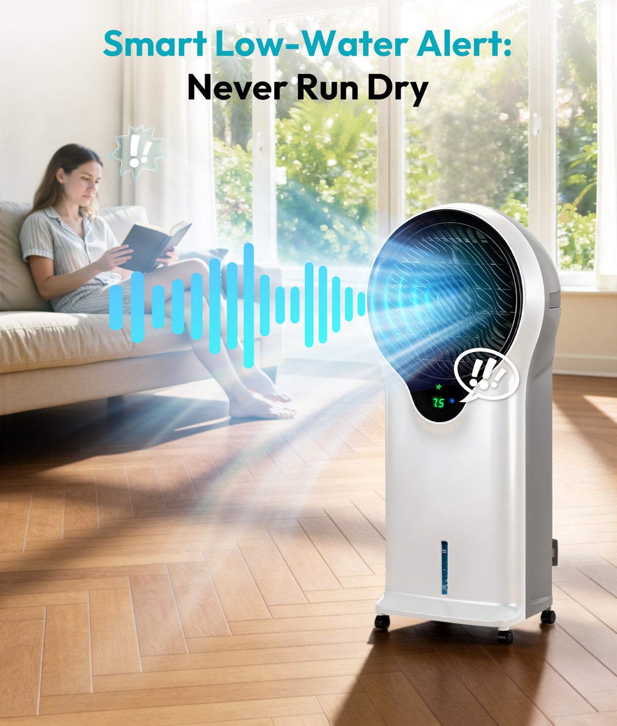 Portable air conditioner with smart low-water alert feature in a living room setting.