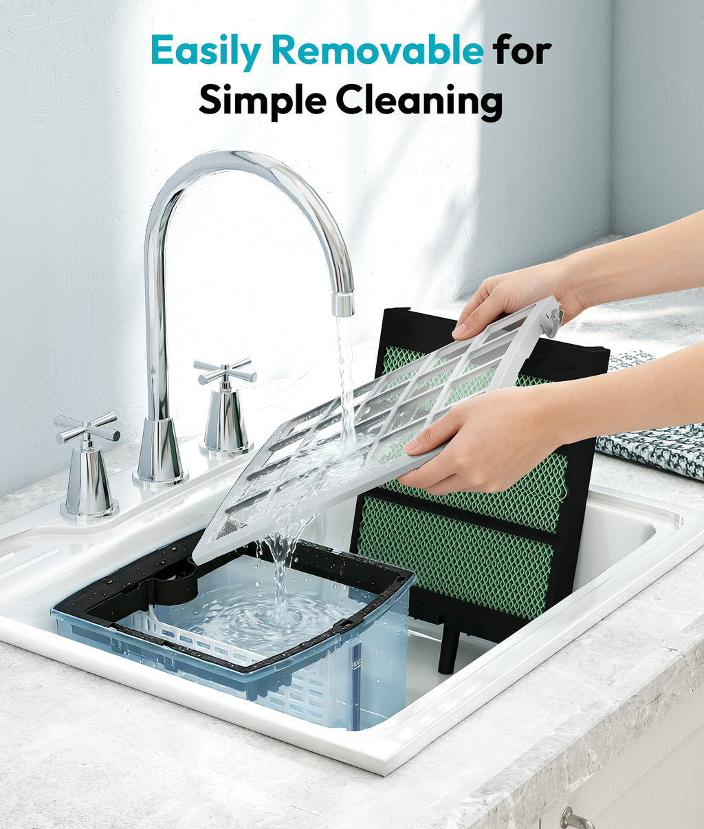 Person cleaning a kitchen filter with text 'Easily Removable for Simple Cleaning' above.