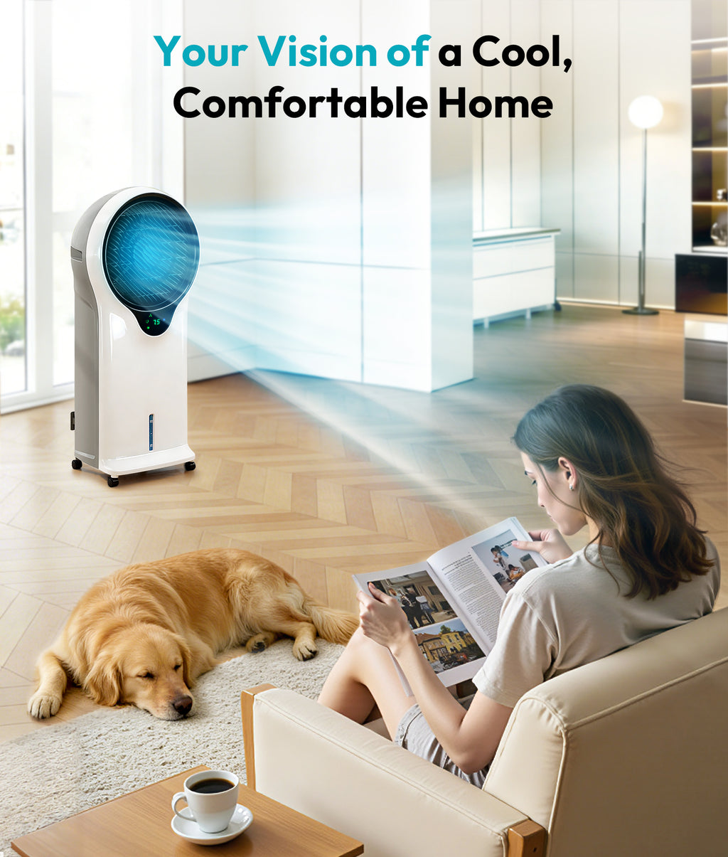 Woman reading a magazine with a dog on a couch, air conditioner in the background