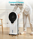 Person holding a portable air conditioner with dimensions displayed, in a minimalistic room.