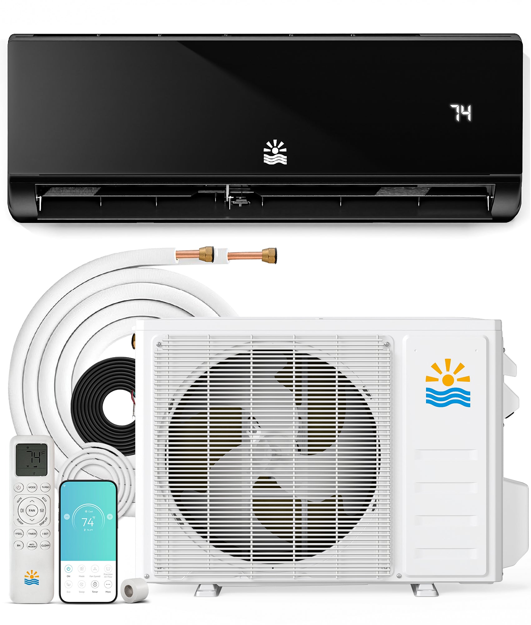 Mini Split AC/Heating System, App Control, 12000 BTU, 20 SEER2, Up to 750 sq.ft, Black