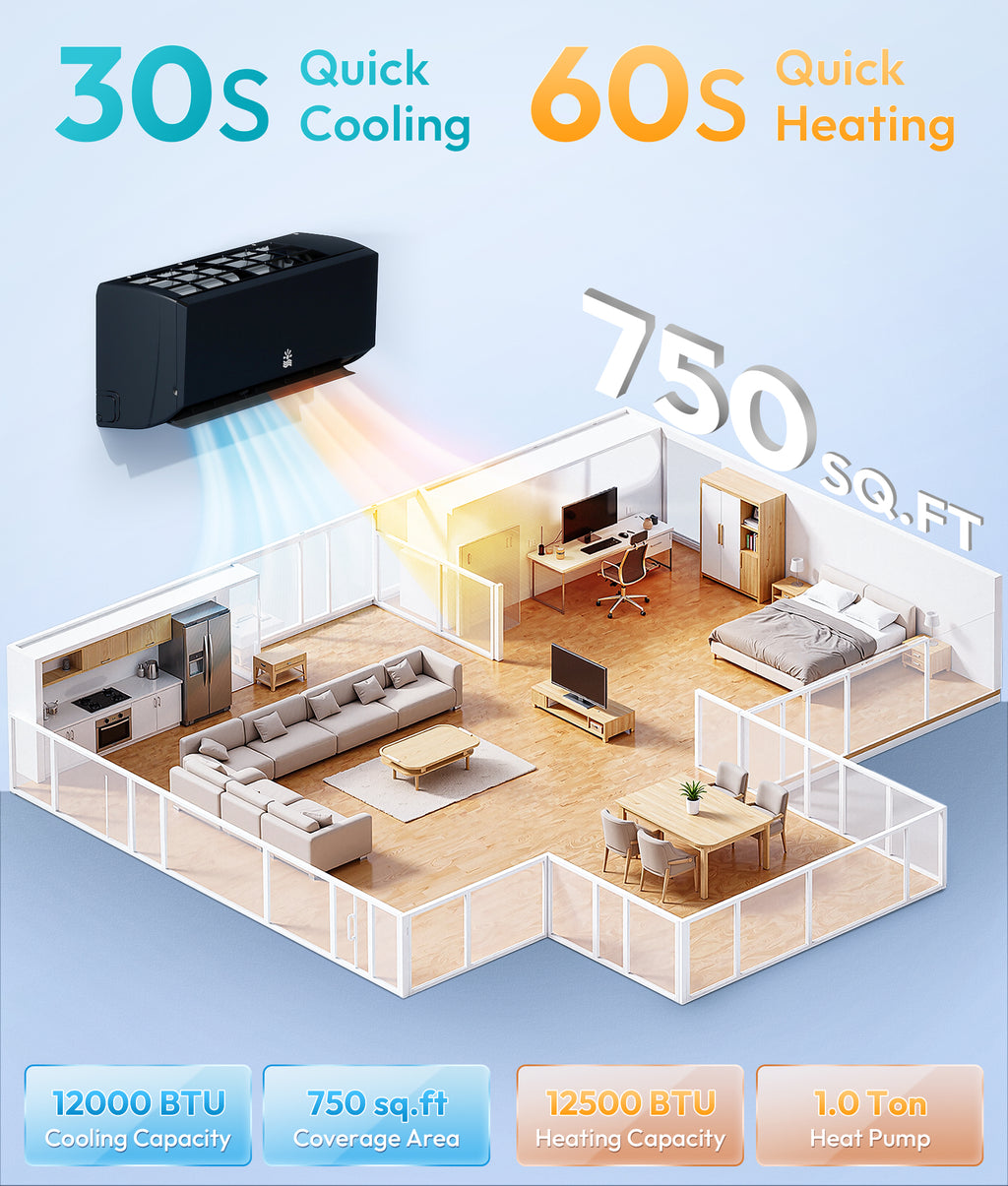 Mini Split AC/Heating System, App Control, 12000 BTU, 20 SEER2, Up to 750 sq.ft, Black