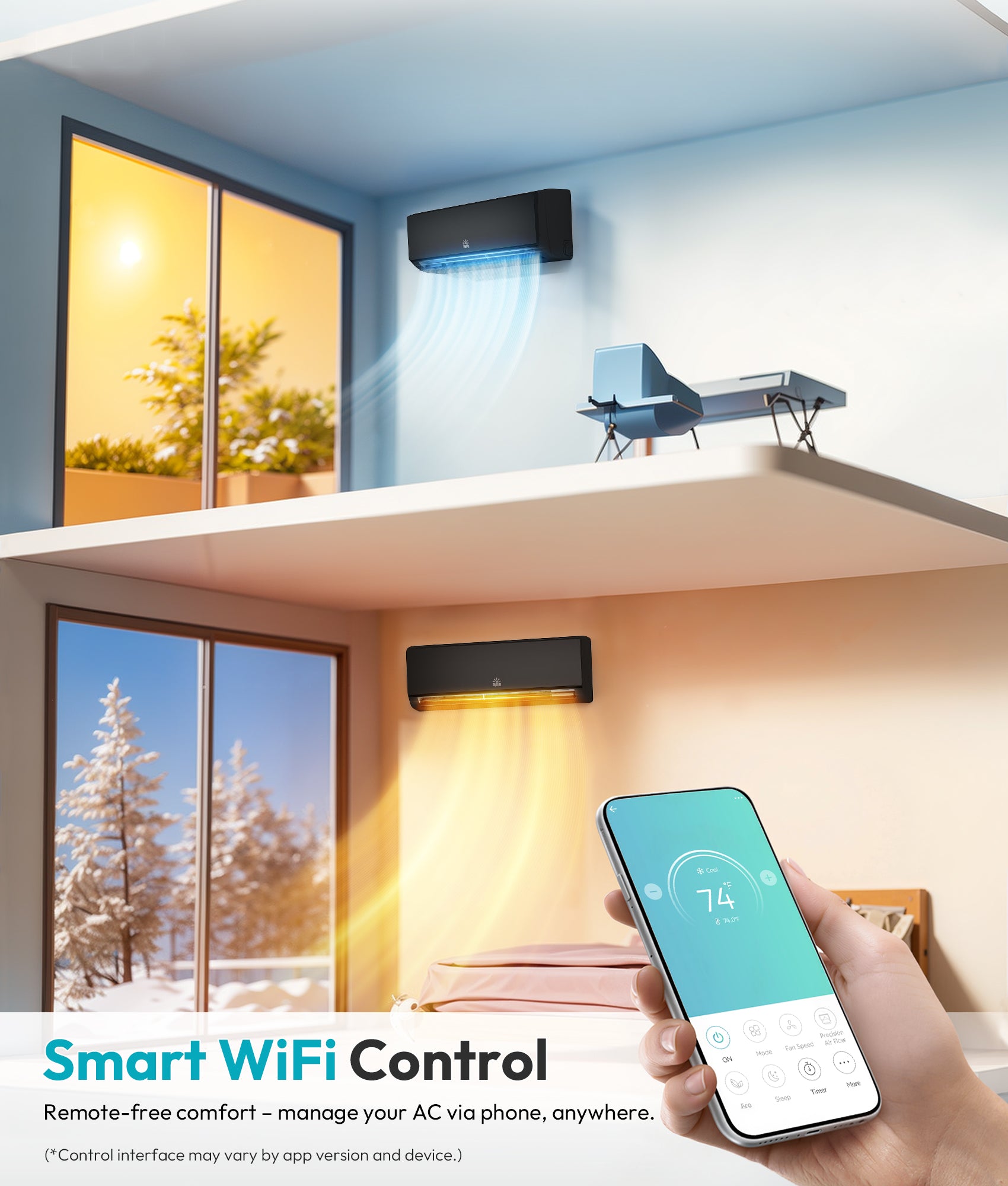 Mini Split AC/Heating System, App Control, 12000 BTU, 20 SEER2, Up to 750 sq.ft, Black