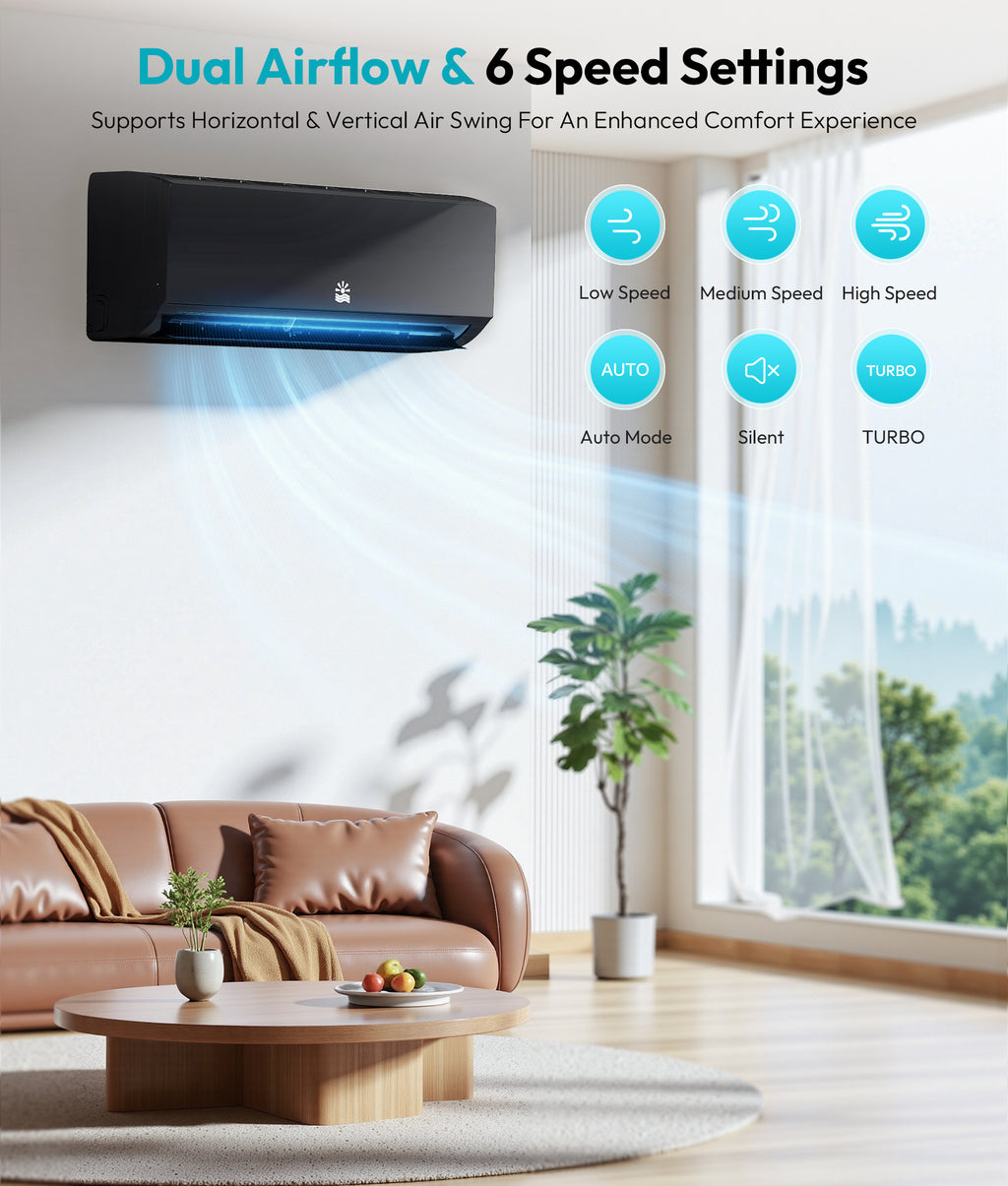 Mini Split AC/Heating System, App Control, 12000 BTU, 20 SEER2, Up to 750 sq.ft, Black