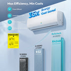 Air conditioner with energy efficiency features and cost-saving benefits displayed.