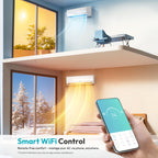 Living room and bedroom with air conditioner showing cooling and heating functions.