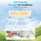 Self-Cleaning Mini Split Air Conditioner with cleaning process illustration