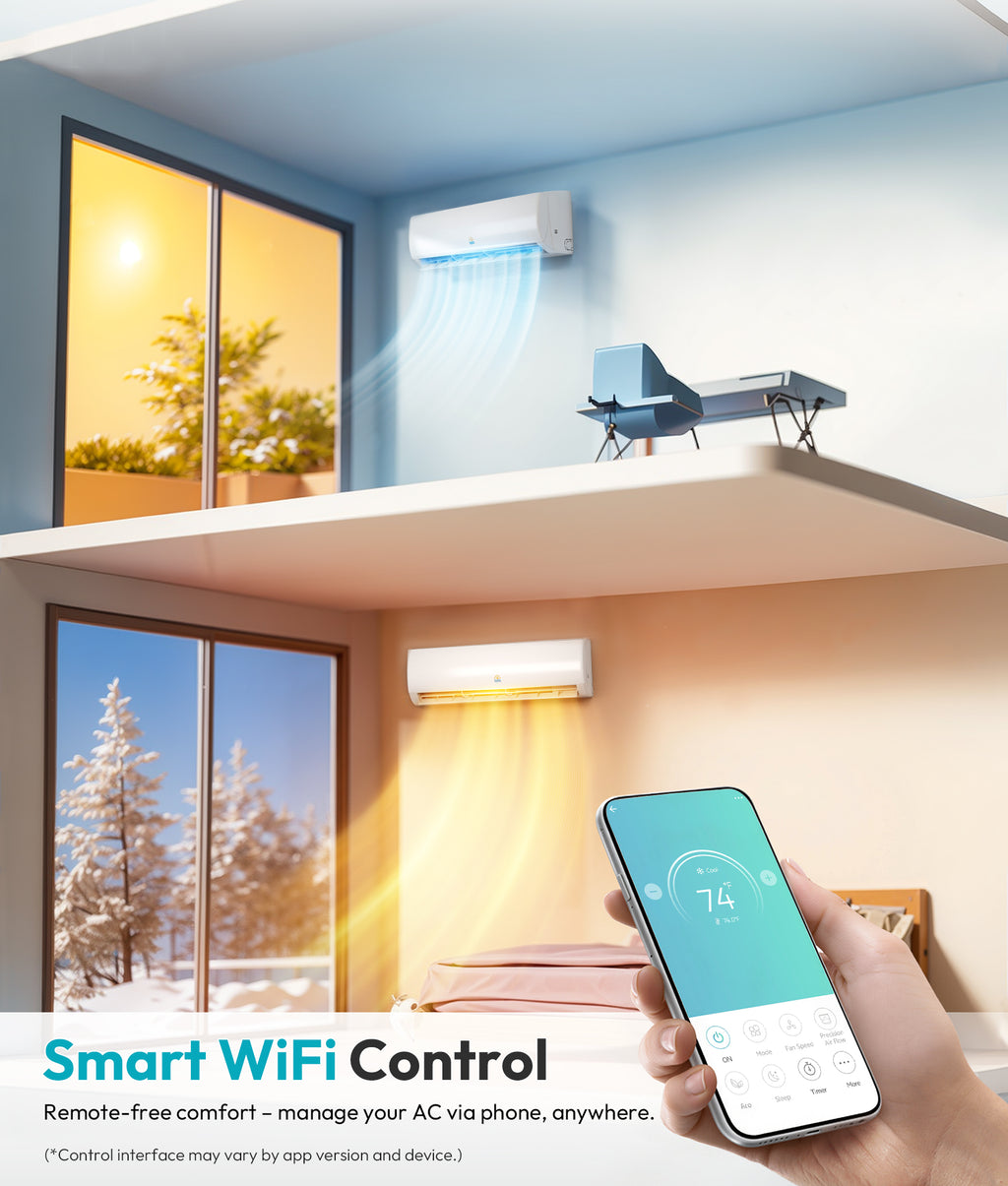 Mini Split AC/Heating System, App Control, 18000 BTU, 21 SEER2, Up to 1250 sq.ft, White