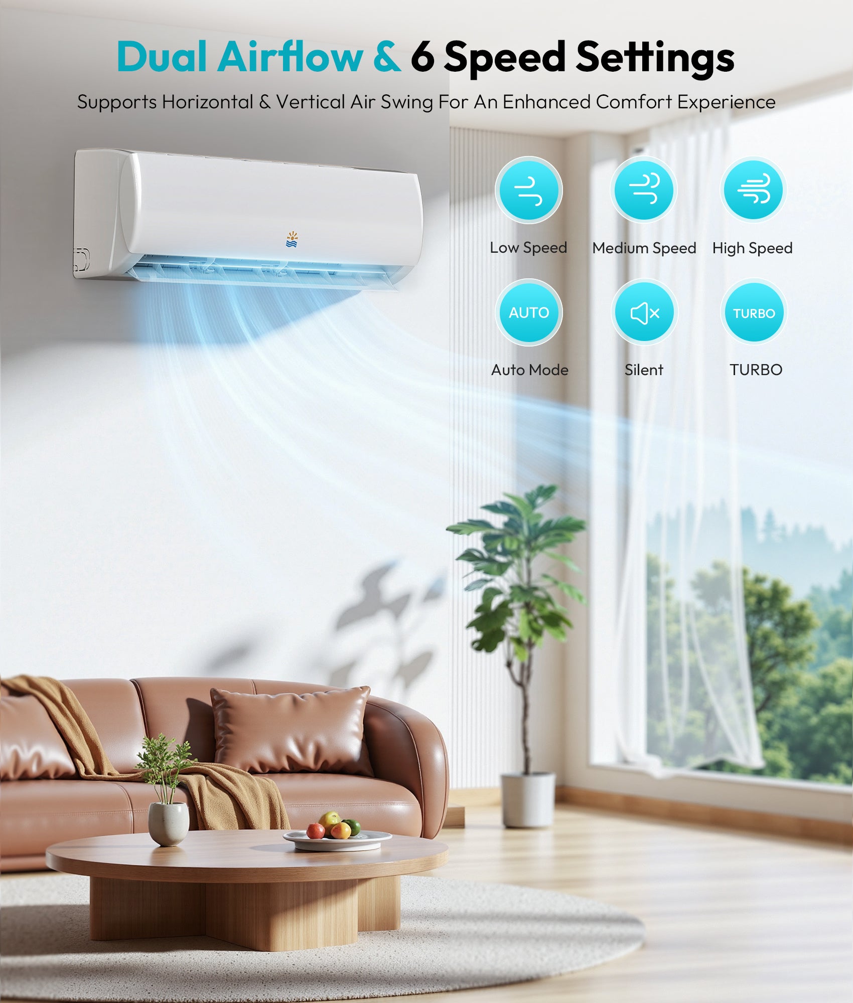 Mini Split AC/Heating System, App Control, 18000 BTU, 21 SEER2, Up to 1250 sq.ft, White